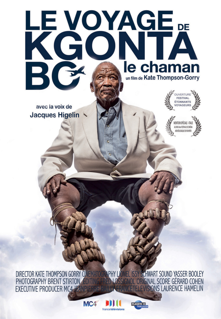 Poster of the film "Le Voyage de Kgonta Bo - Le Chaman" features an elderly man in traditional attire sitting against a white background, capturing a shaman’s journey. The film details and crew are listed, with festival accolades shown at the top right.