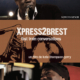 Movie poster for "Xpress2Brest: Fast Train Conversations." The top features a man playing a saxophone, with the text "Soweto Kinch." In the middle, the movie title overlays a stylized saxophone. The bottom shows a man laughing, labeled "Napoleon Solo Maddox." Directed by Kate Thompson-Gorry.