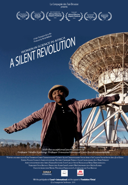 Poster for the film "Women in Science in Africa: A Silent Revolution". A smiling woman stands with arms outstretched in front of a large radio telescope. Text at the top lists film festivals and awards. The bottom lists participants and production credits.