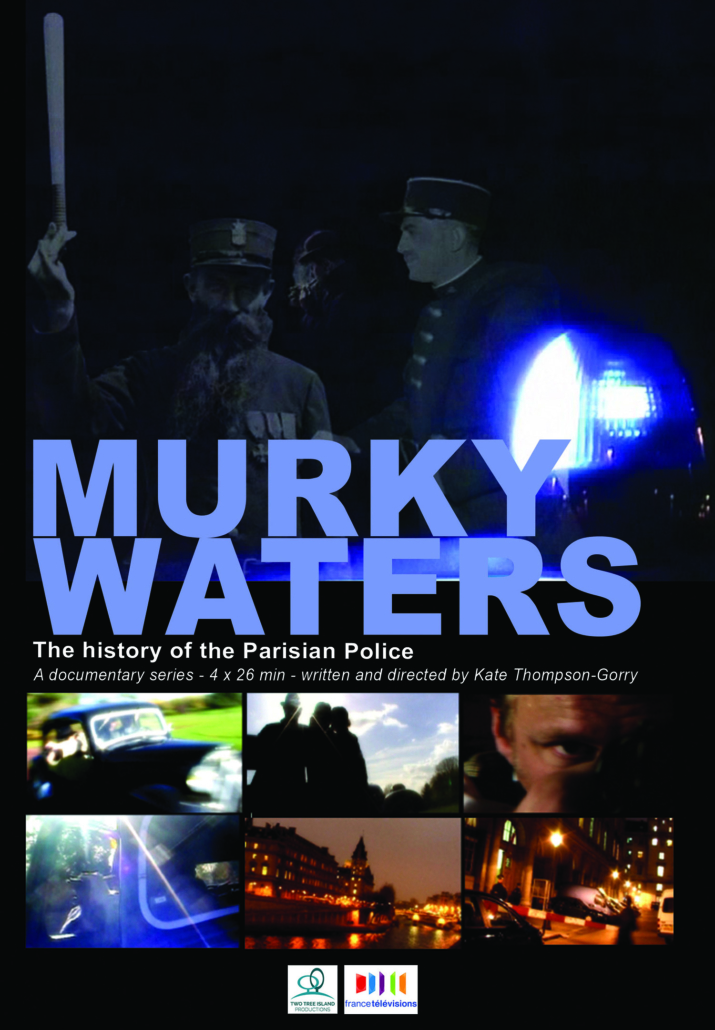 Poster for a documentary series titled "Murky Waters: The Story of the Parisian Police," directed by Kate Thompson-Gorry. The poster features images of police officers, vehicles, and city scenes at night, illuminated by flashing blue police lights.